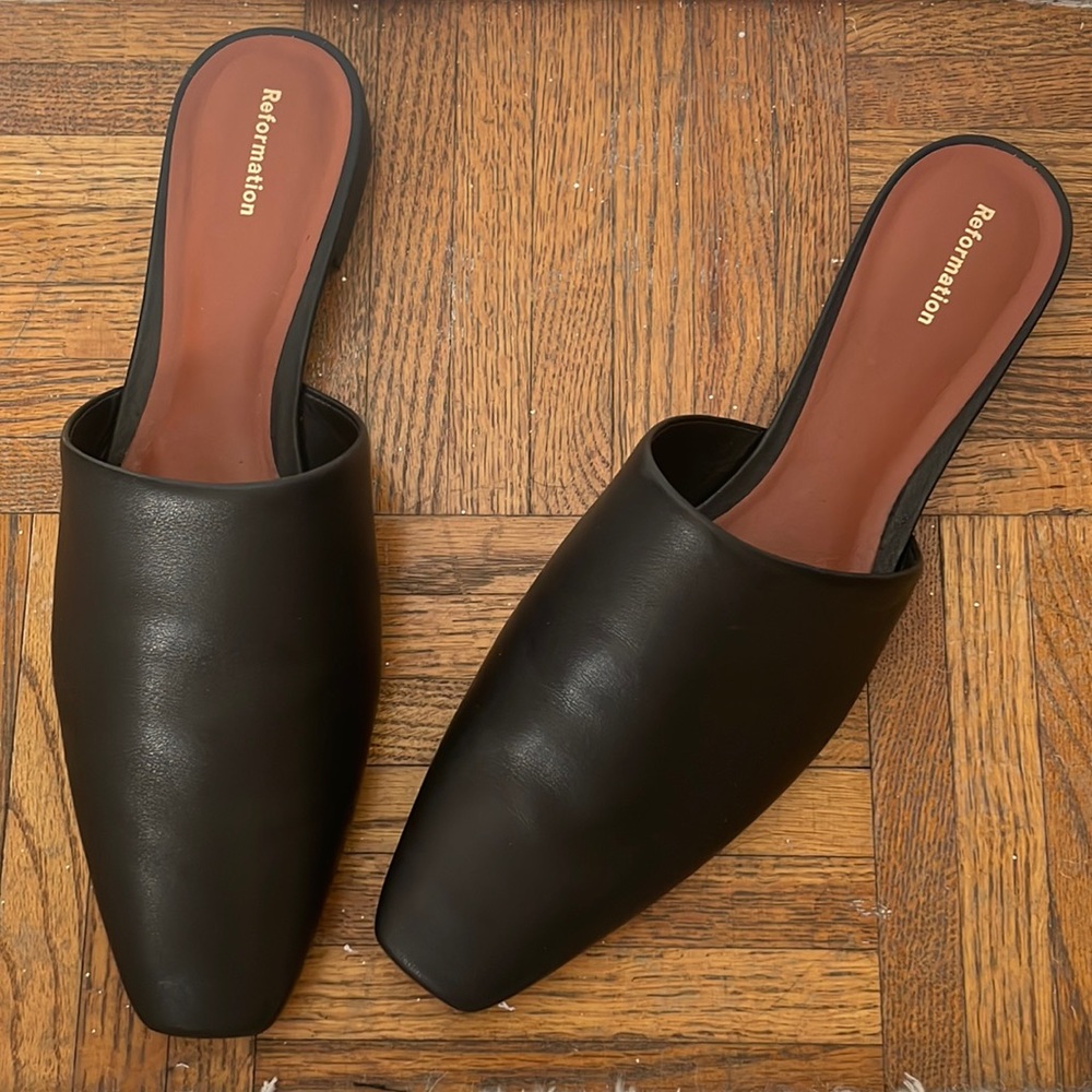 Brand New Reformation black leather mule slide.